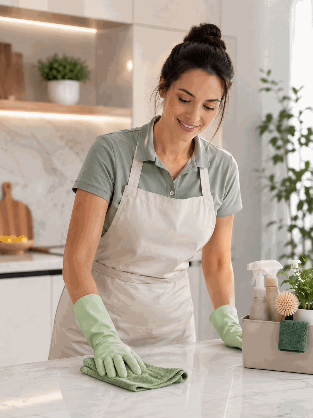 Professional cleaner preparing supplies