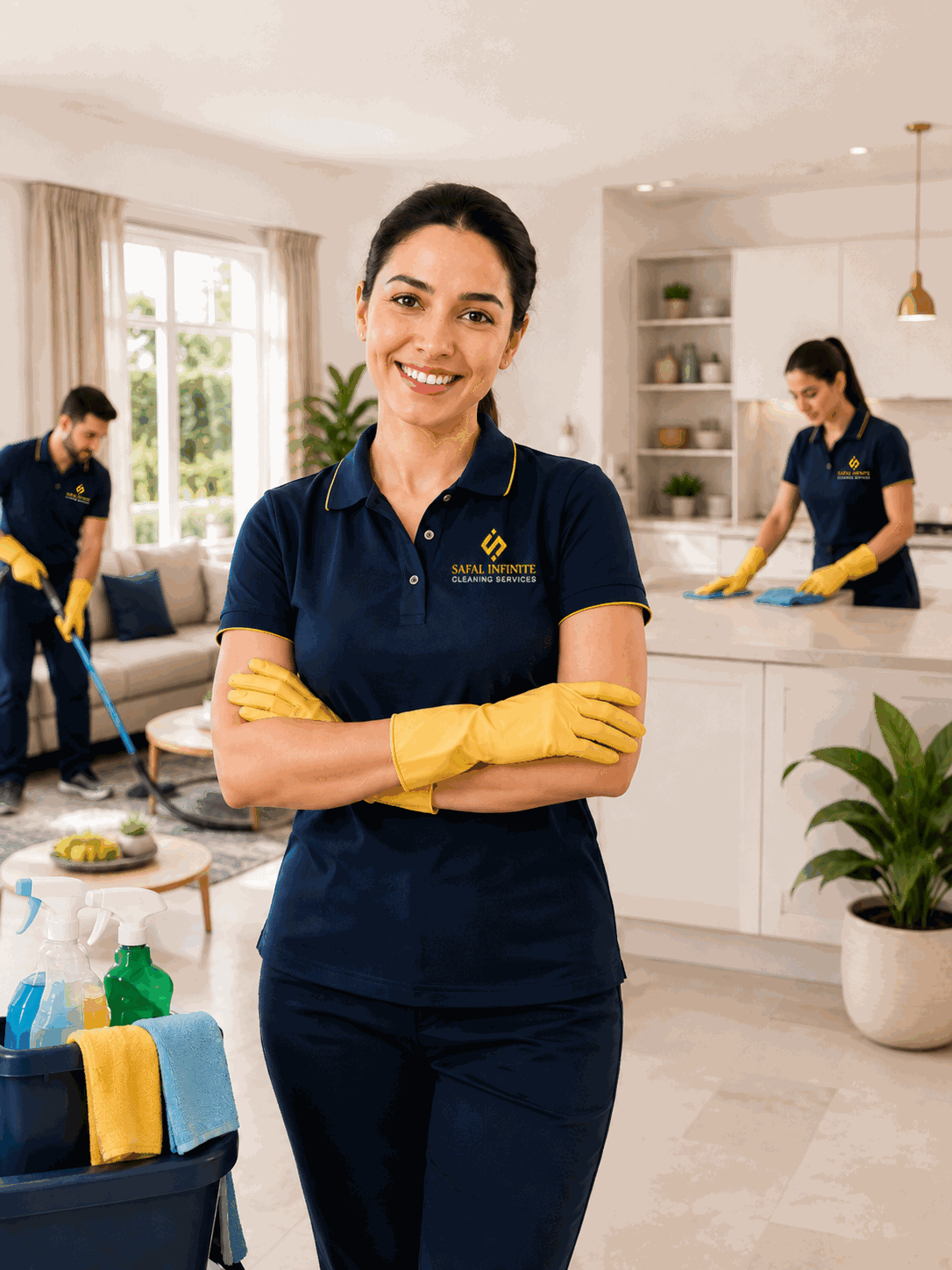 Professional cleaner wiping a kitchen cabinet